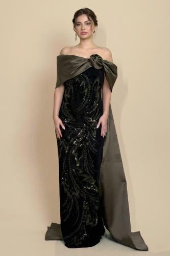 فستان سهرة طويل زيتي اوف شولدر