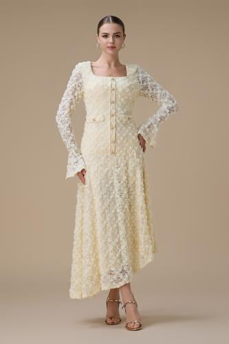 فستان دانتيل ميدي اصفر بأكمام طويلة