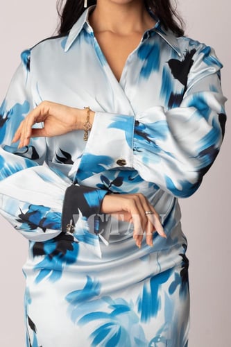 فستان ميدي درابيه مشجر لون ازرق