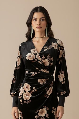 فستان مخملي درابية بطبعة زهور