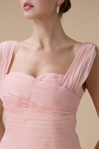 فستان وردي ميدي بشيفون وكسرات