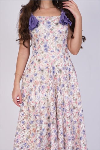 فستان ميدي بأكتاف فيونكة لون بنفسجي