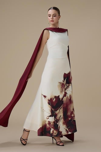 فستان برغندي ماكسي بطبعة زهرية بوشاح