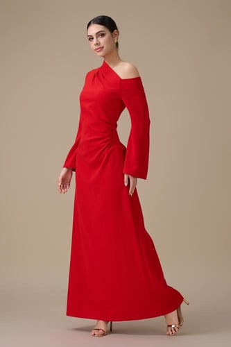 فستان طويل احمر بتصميم كتف واحد
