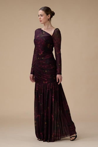 فستان برغندي طويل كت واحد