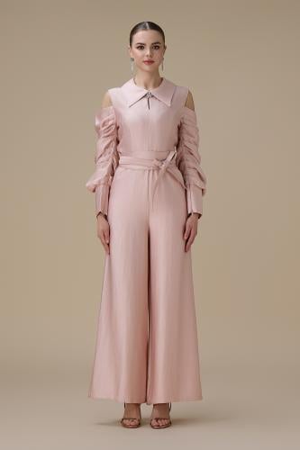 جمبسوت وردي أكمام مكشوفة ببقصة بنطال واسع