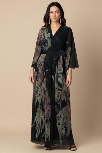 فستان اخضر طويل بليسيه بطبعة ورد لون اخضر