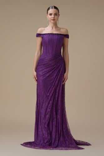 فستان دانتيل موف طويل أوف شولدر