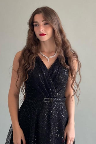 فستان سهره قصير من التل الشبكي بترتر لون اسود