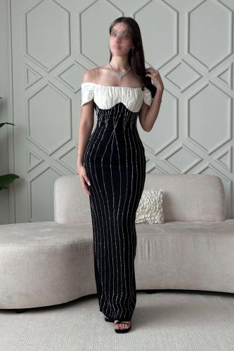 فستان سهرة ضيق بأكتاف مكشوفة مزين بالفصوص