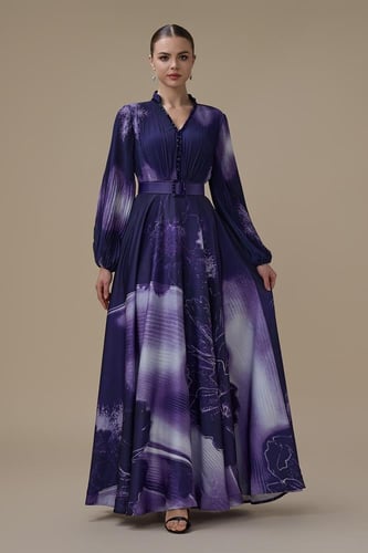 فستان بنفسجي طويل بأكمام طويلة مع حزام محدد للخصر