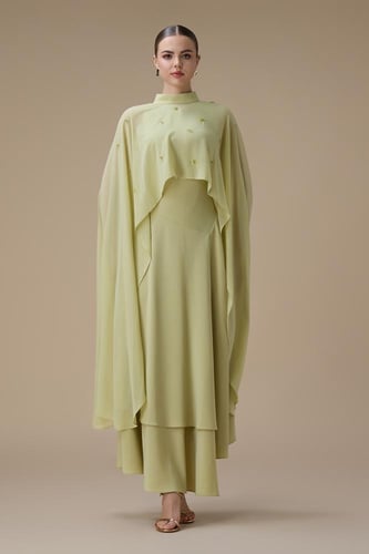 فستان ماكسي من قطعتين بتصميم كاب انسيابي وتطريز نا...