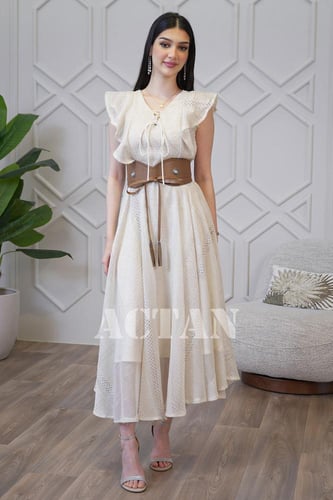 فستان ميدي بحزام جلد لون بيج فاتح