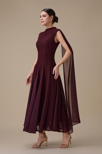 فستان ميدي عنابي بوشاح كتف