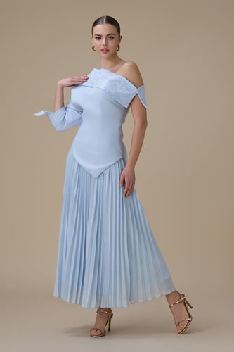 فستان طويل ازرق بيليسه بكتف واحد