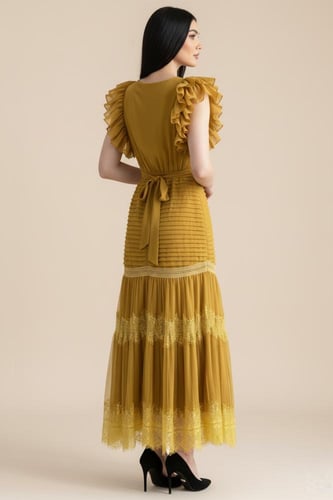 فستان ماكسي بكم كشكش مطعم بدانتيل لون كموني