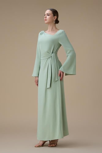 فستان طويل اخضر فاتح برباط جانبي