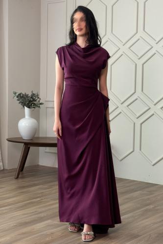 فستان كريب طويل بكسرات لون بنفسجي