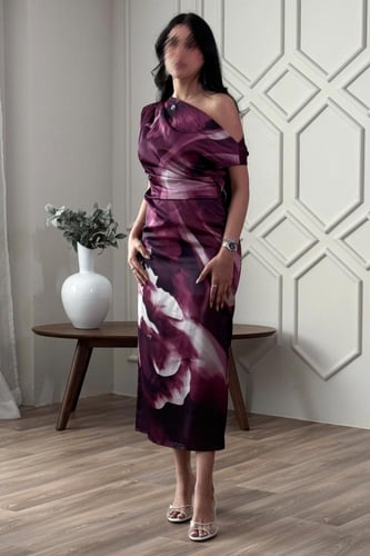 فستان ميدي بطبعة أزهار بكتف واحد