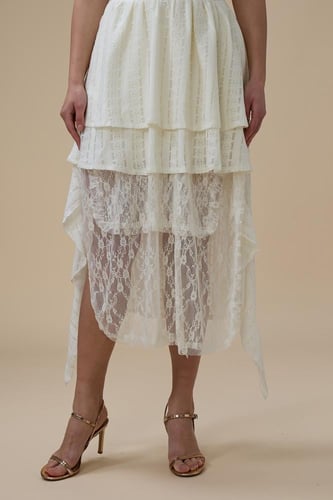 فستان سكري دانتيل ميدي بحمالات رقبة عالية وتنورة م...