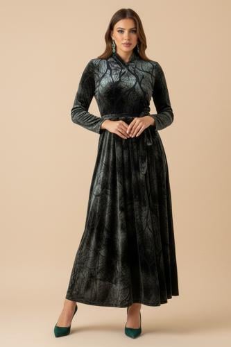 فستان ماكسي مخملي بطبعة ورق شجر