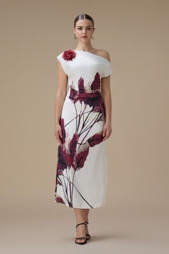 فستان برغندي ميدي أوف شولدر بطبعة زهور