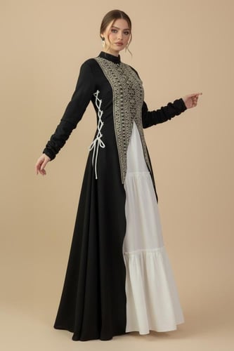 جلابية طويلة لون أسود بتطريز تراثي