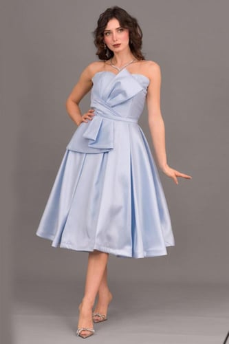 فستان سهره توب كلوش بكسرات لون سماوي