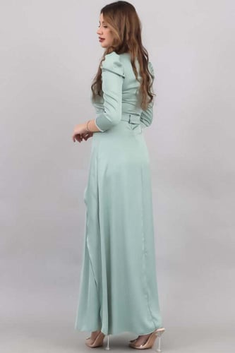 فستان بتصميم مقسم بلاسيه بكريستال عالياقه لون تيفا...