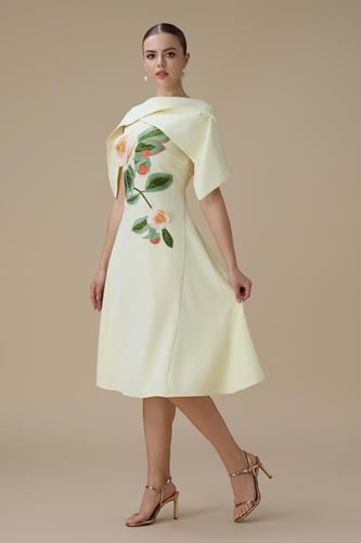 فستان قصير أصفر مطرز بغطاء كتفين