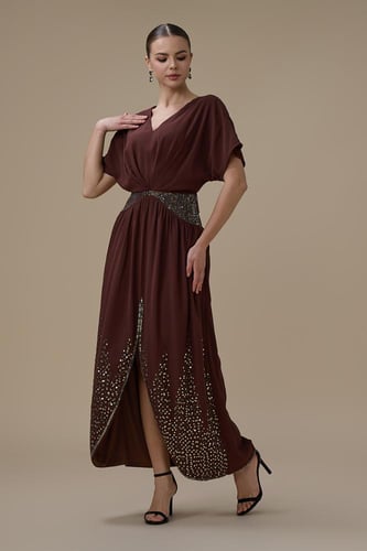 جلابية طويلة شيفون لون بني