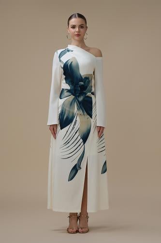 فستان طويل ازرق مورد وقصة كتف واحد