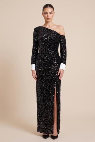 فستان طويل ترتر بأساور مطوية وكتف مكشوف
