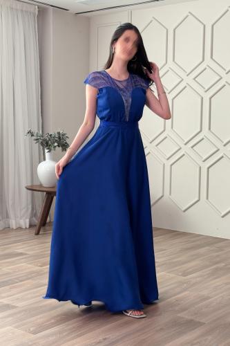 فستان سهره مطرز الاكتاف لون ازرق