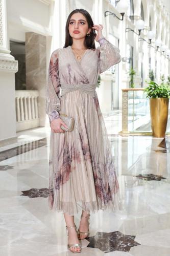 فستان تل ميدي بكسرات لون موف