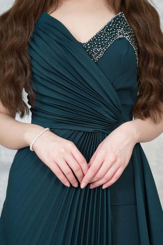 فستان سهره طويل بليسيه مزين بخرزلون كحلي