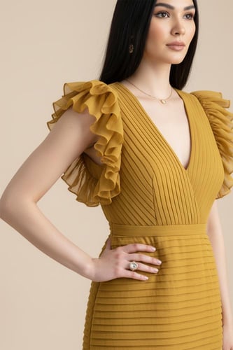 فستان ماكسي بكم كشكش مطعم بدانتيل لون كموني