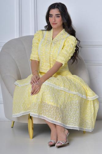 طقم بلوزه وتنوره بتصميم مقسم لون اصفر