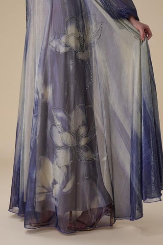 فستان بنفسجي لامع طويل بياقة V