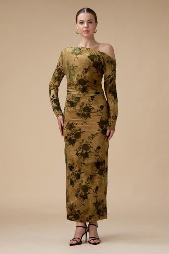 فستان اصفر مشجر بكتف واحد