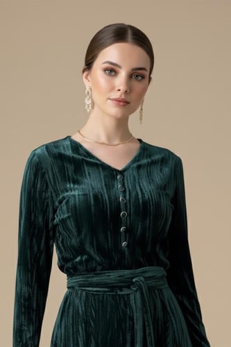 فستان مخملي بفتحة من الأمام لون اخضر