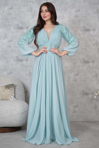 فستان سهرة شيفون مزين بالفصوص لون ازرق