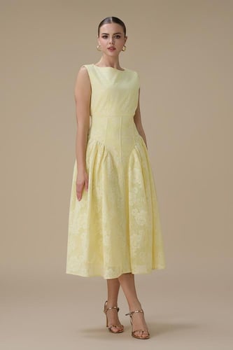 فستان اصفر ميدي بدانتيل مورد