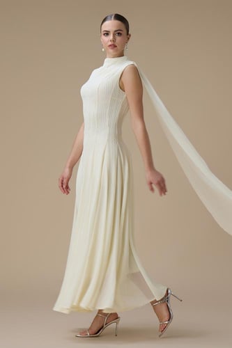 فستان ميدي سكري بوشاح كتف