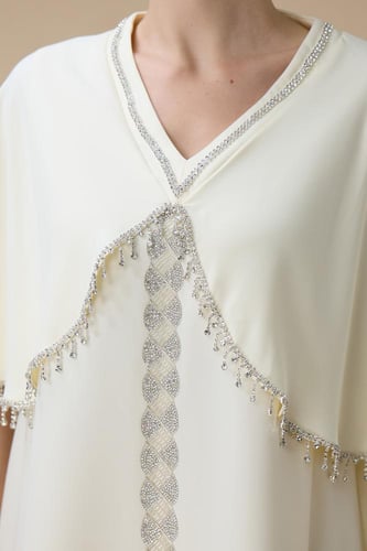 جلابية أنيقة أصفر فاتح بتطريز فضي