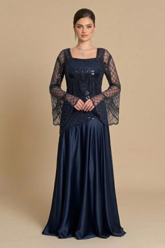 فستان سهرة طويل كحلي ساتان