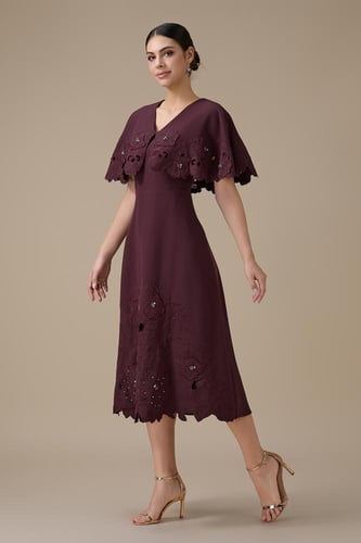 فستان ميدي عنابي بتطريز زهور