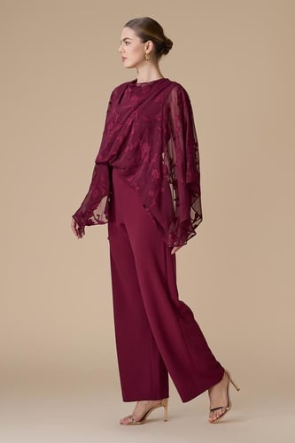 جمبسوت برغندي شيفون بكاب مطرز بالأزهار