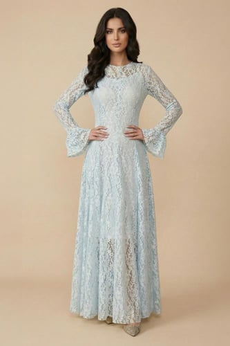 فستان سماوي طويل دانتيل بنقش زهور
