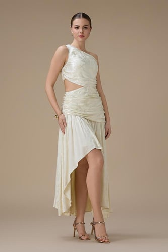 فستان ميدي سكري بتصميم كتف واحد وقصّة غير متماثلة